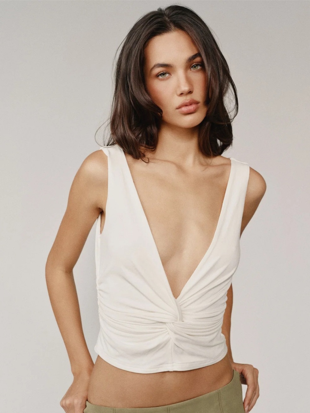 With Jean Cream Deep V Twist-Front Tank Top